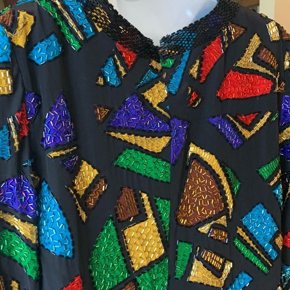 Vintage OLEG CASSINI Black Tie 100% Silk beaded Dress size 4 - Picture 8 of 17